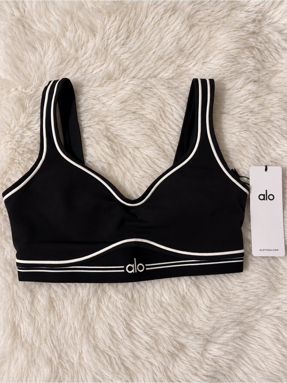 ALO Yoga Black Sports Bra with White Piping